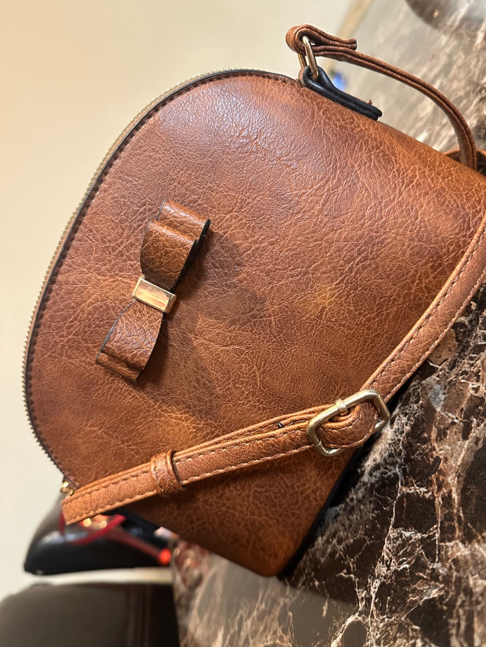 Brown Faux Leather Bow Crossbody Bag - Women's Shoulder Purse